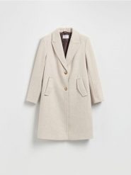 Płaszcz z dodatkiem wełny - złamana biel. Płaszcze Reserved, l, bez wzorów, z tkaniny, bez kaptura. Za 259.99 zł.