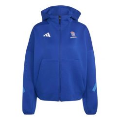 Kurtka z kapturem damska Francja Travel 2026/27. Niebieskie kurtki adidas, bez wzorów, sportowe, z kapturem. Za 513.50 zł.