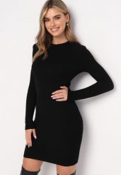 Czarna Dzianinowa Sukienka Mini z Ozdobnym Prążkowaniem o Dopasowanym Fasonie Kais. Czarne sukienki Born2be, bez wzorów, z bawełny, bez kołnierzyka, bez ramiączek, midi, dopasowane. Za 69.99 zł.