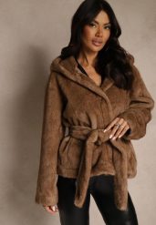 Jasnobrązowa Futerkowa Kurtka z Kapturem i Wiązanym Paskiem Zetele. Brązowe kurtki Renee, l, bez wzorów, z jeansu, z kapturem. Za 229.99 zł.