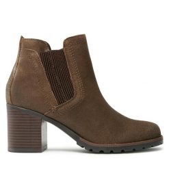 Botki Clarks. Brązowe botki Clarks, bez wzorów, bez obcasa, na słupku, bez zapięcia. Za 409.99 zł.