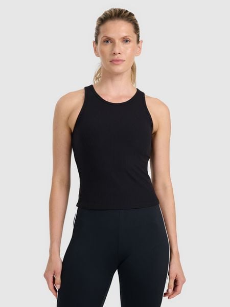 4F Top slim z prążkowanej dzianiny damski - czarny XS. Czarne topy 4f, xs, bez wzorów, z dzianiny, bez kołnierzyka, bez ramiączek. W wyprzedaży za 69.99 zł.