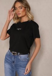Czarny Bawełniany T-shirt z Napisem Marivetha. Czarne t-shirty Renee, m, bez wzorów, z bawełny, eleganckie, bez kołnierzyka, bez ramiączek. W wyprzedaży za 24.49 zł.