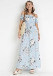Jasnoniebieska Sukienka Maxi w Kwiaty z Ozdobnym Wiązaniem przy Dekolcie i Krótkimi Rękawami Paninthe. Niebieskie sukienki Born2be, na imprezę, m, bez wzorów, z tkaniny, bez kołnierzyka, bez ramiączek, maxi, rozkloszowane. W wyprzedaży za 42.49 zł.