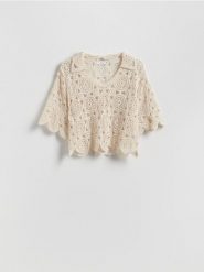 Ażurowy sweter - złamana biel. Swetry Reserved, l, w ażurowe wzory, z bawełny, bez ramiączek. Za 139.99 zł.