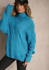 Niebieski Golf z Wiskozą w Stylu Oversize z Ozdobnym Splotem Korremi. Niebieskie swetry Renee, m, bez wzorów, z wiskozy, eleganckie, bez ramiączek. W wyprzedaży za 71.99 zł.