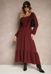 Bordowa Sukienka Ozdobiona Falbanami o Rozkloszowanym Kroju Alleira. Czerwone sukienki Renee, na co dzień, z aplikacjami, eleganckie, bez kołnierzyka, bez ramiączek, maxi, proste. W wyprzedaży za 67.99 zł.