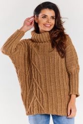 Sweter Oversize z Golfem - Karmelowy. Brązowe swetry Awama, uniwersalny, bez wzorów, z materiału, bez ramiączek. Za 229.90 zł.