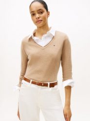 Tommy Hilfiger Sweter z dzianiny Kobiety Wełna beżowy, L. Brązowe swetry Tommy Hilfiger, l, bez wzorów, z dzianiny, eleganckie, bez ramiączek. Za 429.95 zł.