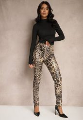 Beżowo-Czarne Spodnie w Panterkę High Waist z Ekoskóry z Ozdobnym Suwakiem i Ociepleniem Ilanilith. Brązowe jeansy Renee, l, bez wzorów, z jeansu, eleganckie, z podwyższonym stanem. W wyprzedaży za 135.99 zł.