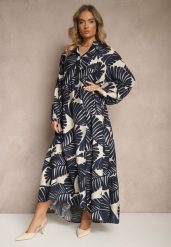 Niebieska Rozkloszowana Sukienka z Wiskozy z Motywem Liści Wilvesia. Niebieskie sukienki Renee, na co dzień, m, bez wzorów, z wiskozy, eleganckie, bez kołnierzyka, bez ramiączek, maxi, rozkloszowane. W wyprzedaży za 99.99 zł.