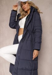 Granatowa Pikowana Kurtka Płaszcz z Kapturem i Gumką w Pasie Elastia. Niebieskie kurtki Renee, na jesień, l, bez wzorów, eleganckie, z kapturem. W wyprzedaży za 239.99 zł.