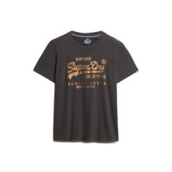 T-shirt z fantazyjnym logo dla kobiet Superdry Vintage. Czarne t-shirty Superdry, bez wzorów, vintage, bez kołnierzyka, bez ramiączek. W wyprzedaży za 147.60 zł.