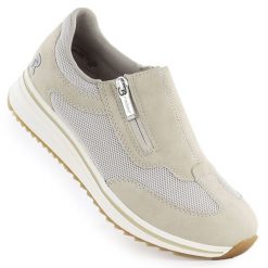 Półbuty damskie na podwyższeniu beżowe Rieker L5854-62. Brązowe półbuty wsuwane Rieker, bez wzorów, ze skóry ekologicznej, bez obcasa. Za 349.00 zł.