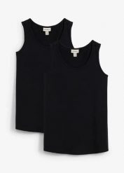 Top ciążowy i do karmienia piersią z bawełny (2 sztuki). Czarne topy bonprix, bez wzorów, z bawełny, bez kołnierzyka, bez ramiączek. Za 124.99 zł.