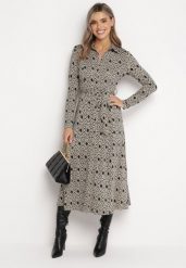 Beżowo-Czarna Sukienka Midi Zapinana na Guziki z Paskiem w Drobny Print Fidaxa. Brązowe sukienki Born2be, s, bez wzorów, z materiału, bez kołnierzyka, bez ramiączek, midi. W wyprzedaży za 89.99 zł.