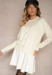 Jasnobeżowy Sweter z Wiskozą na Guziki z Perełkami i Ściągaczami Evaselle. Brązowe swetry Renee, z aplikacjami, z wiskozy, casualowe, bez ramiączek. W wyprzedaży za 63.99 zł.