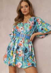 Niebieska Sukienka z Paskiem Kasare. Niebieskie sukienki Renee, na imprezę, l, bez wzorów, bez kołnierzyka, bez ramiączek, mini, kopertowe. W wyprzedaży za 175.99 zł.