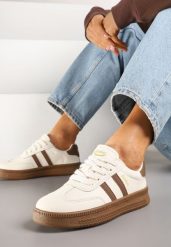 Beżowo-Brązowe Sneakersy Sportowe z Ozdobnymi Paskami i Przeszyciami Wenilan. Brązowe buty sportowe lifestyle Renee, bez wzorów, z jeansu, eleganckie, bez zapięcia. W wyprzedaży za 91.99 zł.