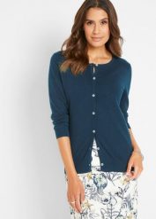 Obcisły sweter rozpinany. Niebieskie swetry bonprix, bez wzorów, eleganckie, bez ramiączek. Za 107.99 zł.