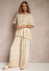 Beżowy Komplet z Wiskozy Spodnie i Bluzka Ozdobiona Wiązaniem Lunarelis. Brązowe bluzki Renee, l, bez wzorów, z wiskozy, eleganckie, bez kołnierzyka, bez ramiączek. W wyprzedaży za 87.99 zł.