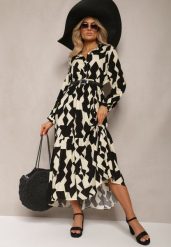 Beżowo-Czarna Koszulowa Sukienka Maxi w Geometryczny Wzór Qerida. Czarne sukienki Renee, na co dzień, l, bez wzorów, bez kołnierzyka, bez ramiączek, maxi, koszulowe. W wyprzedaży za 75.99 zł.