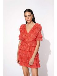 By Malina Sukienka "Sky" w kolorze koralowym rozmiar: XS. Czerwone sukienki BY MALINA, xs, bez wzorów, z koronki, bez kołnierzyka, bez ramiączek, mini. Za 264.15 zł.