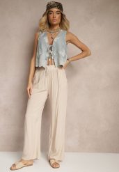 Beżowe Spodnie z Wiskozy High Waist o Szerokim Kroju Avelozi. Brązowe jeansy Renee, l, bez wzorów, z jeansu, eleganckie, z podwyższonym stanem. W wyprzedaży za 39.99 zł.
