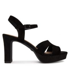 Sandały Tamaris. Czarne sandały Tamaris, bez wzorów, bez obcasa, na słupku, bez zapięcia. Za 379.99 zł.