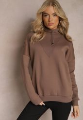 Brązowa Ocieplana Bluza Bawełniana z Półgolfem Heraia. Brązowe bluzy Renee, bez wzorów, z bawełny, casualowe, bez ramiączek, bez kaptura. W wyprzedaży za 79.99 zł.