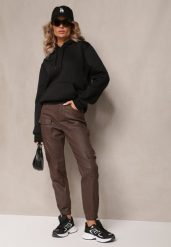 Brązowe Spodnie Bojówki High Waist ze Ściągaczami Serenzo. Brązowe jeansy Renee, l, bez wzorów, z jeansu, eleganckie, z podwyższonym stanem. W wyprzedaży za 91.99 zł.