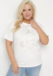 Biały T-shirt z Bawełny z Cyrkoniowym Nadrukiem Sovtebia. Białe t-shirty Born2be, xl, z aplikacjami, z bawełny, klasyczne, bez kołnierzyka, bez ramiączek. Za 69.99 zł.