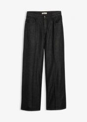 Dżinsy z szerokimi nogawkami, mid waist. Czarne jeansy bonprix, bez wzorów, z jeansu. Za 117.99 zł.