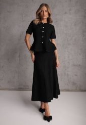 Czarny Komplet z Wiskozą Bluzka z Guzikami i Baskinką i Spódnica Narinna. Czarne bluzki Renee, m, bez wzorów, z kauczuku, eleganckie, bez kołnierzyka, bez ramiączek. Za 199.99 zł.