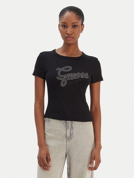 Guess T-Shirt W6RI22 KA0H1 Czarny Slim Fit. Czarne t-shirty Guess, l, z aplikacjami, z bawełny, bez kołnierzyka, bez ramiączek. Za 179.99 zł.