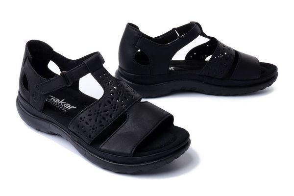 RIEKER 64865-01 black, sandały damskie. Czarne sandały Rieker, w ażurowe wzory, bez obcasa, bez zapięcia. Za 349.90 zł.