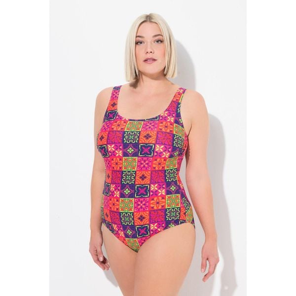 Damskie Strój kąpielowy wzór w płytki bez miękkich miseczek okrągły dekolt. Fioletowe stroje jednoczęściowe Ulla Popken, bez wzorów, z elastanu, sportowe. Za 199.99 zł.