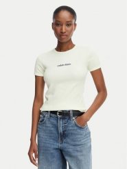 Calvin Klein Jeans T-Shirt LV047G816G Kremowy Slim Fit. Białe t-shirty Calvin Klein Jeans, s, bez wzorów, z bawełny, bez kołnierzyka, bez ramiączek. Za 229.99 zł.
