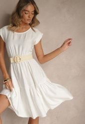 Biała Rozkloszowana Sukienka z Wiskozy Linurea. Białe sukienki Renee, na co dzień, bez wzorów, z wiskozy, eleganckie, bez kołnierzyka, bez ramiączek, midi, rozkloszowane. W wyprzedaży za 75.99 zł.
