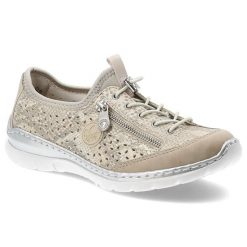 Półbuty damskie Rieker, skóra naturalna ażurowa cholewka elastyczne sznurowanie suwak boczny miękka wkładka lekka i amortyzująca podeszwa, złote, L32. Żółte półbuty wsuwane Rieker, w ażurowe wzory, ze skóry, bez obcasa, na płaskiej podeszwie. Za 359.00 zł.