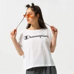 T-SHIRT DAMSKI KOSZULKA SPORTOWA CHAMPION- CREWNECK TEE. Białe t-shirty sportowe Champion, l, bez wzorów, z bawełny, bez ramiączek, na fitness i siłownię. Za 116.00 zł.