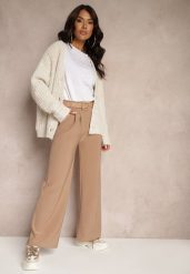 Ciemnobeżowe Garniturowe Spodnie High Waist z Gumką i Dodatkowym Paskiem w Talii Mattine. Brązowe jeansy Renee, m, bez wzorów, z dzianiny, z podwyższonym stanem. W wyprzedaży za 35.99 zł.