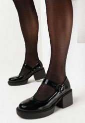 Czarne Półbuty w Stylu Retro na Słupku i Niskiej Platformie ze Skórzaną Wkładką Xaliope. Czarne półbuty wsuwane Born2be, bez wzorów, z jeansu, eleganckie, bez obcasa, na obcasie. W wyprzedaży za 84.99 zł.