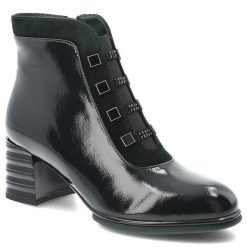 Botki damskie S. Barski, na klocku lakierowane skórzane z okrągłym noskiem i na zamek, zielone, CR52-696. Zielone botki S.BARSKI, bez wzorów, z lakierowanej skóry, eleganckie, z okrągłym noskiem, bez obcasa, na obcasie, bez zapięcia. Za 349.00 zł.