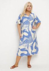 Niebieska Sukienka o Pudełkowym Kroju z Dekoltem w Serek w Abstrakcyjny Print Salliven. Niebieskie sukienki Born2be, na co dzień, plus size, bez wzorów, eleganckie, bez kołnierzyka, plus size, bez ramiączek, midi. W wyprzedaży za 55.24 zł.