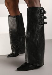 Czarne Kozaki na Obcasie Ozdobione Wywiniętą Cholewką z Paskami i Klamrami Liennia. Czarne kozaki Born2be, bez wzorów, eleganckie, bez obcasa, na obcasie, bez zapięcia. Za 169.99 zł.