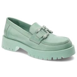 Zielone Mokasyny Venezia Stylowe Buty Damskie. Zielone mokasyny Venezia, bez wzorów, ze skóry. Za 404.99 zł.