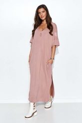 Wiskozowa Maxi Sukienka Oversize - Różowa. Czerwone sukienki Makadamia, xxl, bez wzorów, z dzianiny, bez kołnierzyka, bez ramiączek, maxi, oversize. Za 229.90 zł.