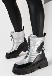 Srebrne Śniegowce na Płaskiej Podeszwie z Zamkiem z Przodu i Napisem Bulluna. Szare śniegowce Born2be, bez wzorów, z jeansu, bez zapięcia. Za 79.99 zł.