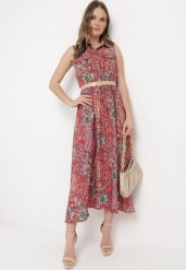 Ciemnoróżowa Rozkloszowana Sukienka w Kwiaty bez Rękawów Syloria. Czerwone sukienki Born2be, l, bez wzorów, eleganckie, bez kołnierzyka, bez ramiączek, midi, rozkloszowane. Za 89.99 zł.